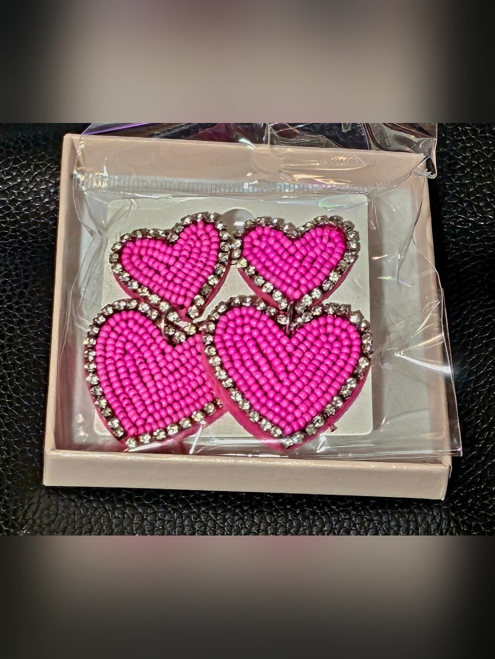 Hot Pink Seed Bead & Rhinestone Double Heart Statement Drop Earrings NIB